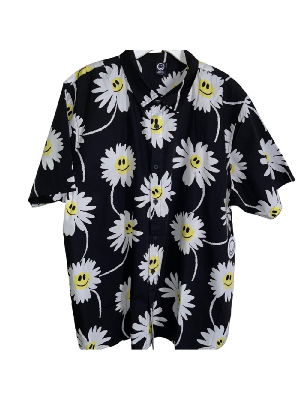 Men Neff Black Floral Smiley Face Daisies Button-Up Short Sleeve Shirt - 2XL